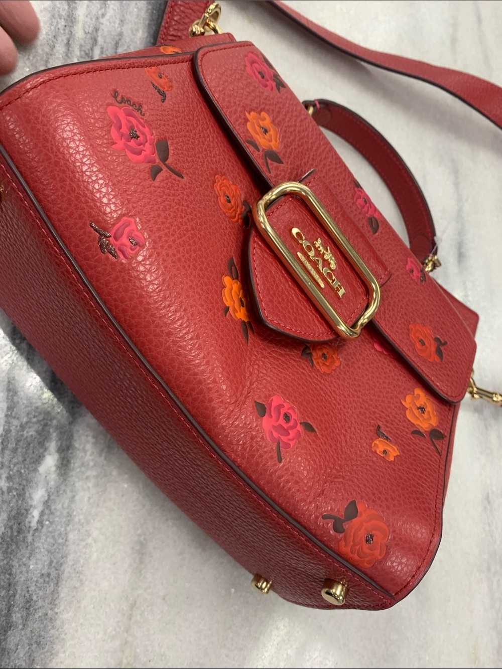 Coach Red Floral Pebbled Leather Crossbody with Gold Hardware - Picture 8 of 9